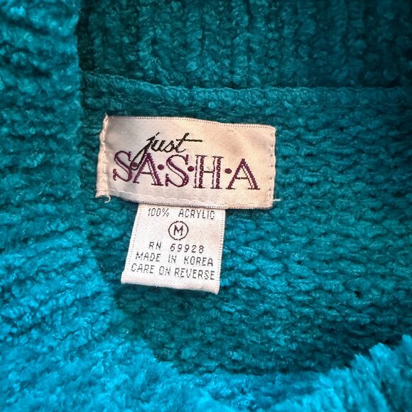 Vintage 80s 90s JUST SASHA Blue Teal Chenille LS Mock Neck Tunic Sweater Size M - Picture 5 of 9